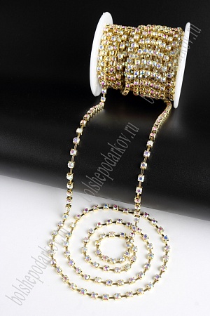 Стразы в бобине SS16 (4 мм*10 ярд) SF-2053, серебро хамелеон в золотой оправе