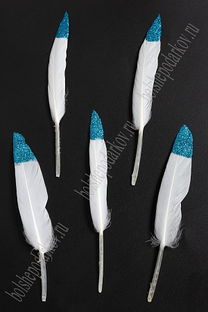 Перья декоративные с блестками (20 шт) SF-2035, белый/бирюзовый