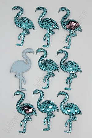 Патч 3D,  с двухсторон. пайетками &quot;Фламинго&quot; 6*4 см (10 шт) SF-1893, голубой