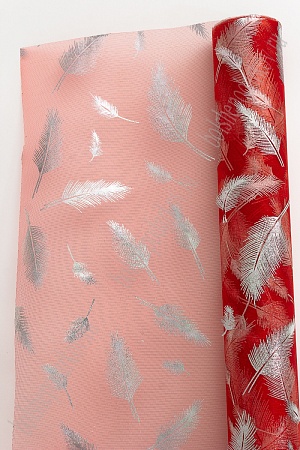 Органза 48 см*5 ярд &quot;Перья&quot; (SF-3133) серебряный/красный