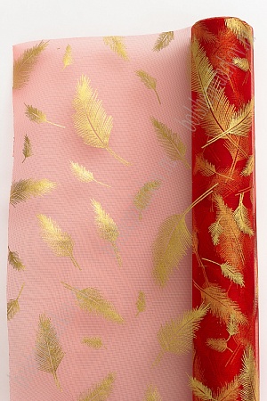 Органза 48 см*5 ярд &quot;Перья&quot; (SF-3133) золотой/красный
