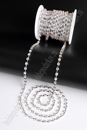 Стразы в бобине SS16 (4 мм*10 ярд) SF-2053, серебро хамелеон в серебряной оправе