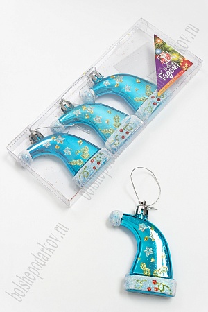 Новогодние игрушки &quot;Фигура колпак блестящая с рисунком&quot; 70 мм (4 шт), бирюзовый (35-0093)