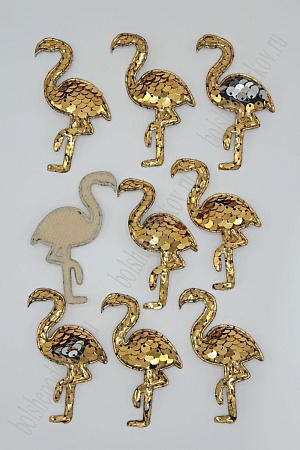Патч 3D,  с двухсторон. пайетками &quot;Фламинго&quot; 6*4 см (10 шт) SF-1893, золото