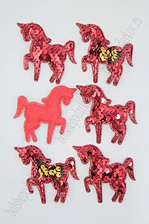 Патч 3D,  с двухсторон. пайетками &quot;Единорог&quot; 6*5 см (10 шт) SF-1888, красный