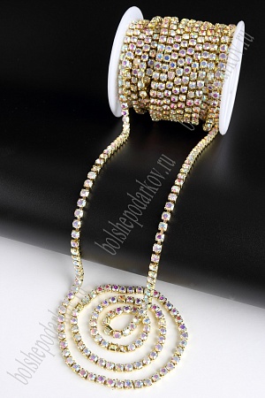 Стразы в бобине SS16М (4 мм*10 ярд) SF-2055, серебро хамелеон в золотой оправе