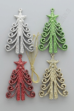 Новогодние украшения с блестками 7,5*4,5 см; 4 шт &quot;Елочки со звездой&quot; (SF-1672) ассорти