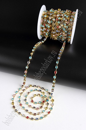 Стразы в бобине SS16D (4 мм*10 ярд) SF-2057, разноцветный в золотой оправе