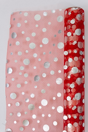 Органза 48 см*5 ярд &quot;Кружочки&quot; (SF-3132) серебряный/красный