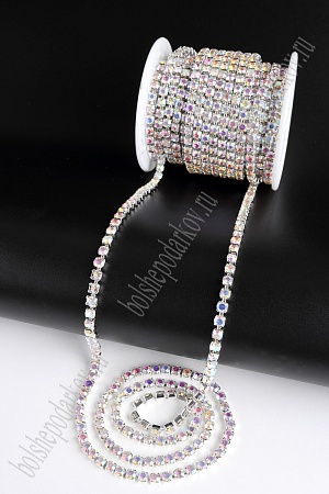 Стразы в бобине SS16М (4 мм*10 ярд) SF-2055, серебро хамелеон в серебряной оправе