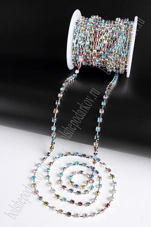 Стразы в бобине SS16D (4 мм*10 ярд) SF-2057, разноцветный в серебряной оправе