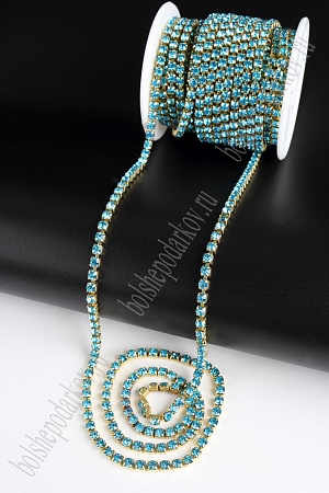 Стразы в бобине SS16М (4 мм*10 ярд) SF-2055, голубой в золотой оправе