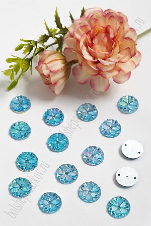Стразы &quot;Круг-цветок&quot; 15 мм (100 шт) SF-805, голубой радужный