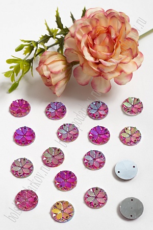 Стразы &quot;Круг-цветок&quot; 15 мм (100 шт) SF-805, фукси радужный